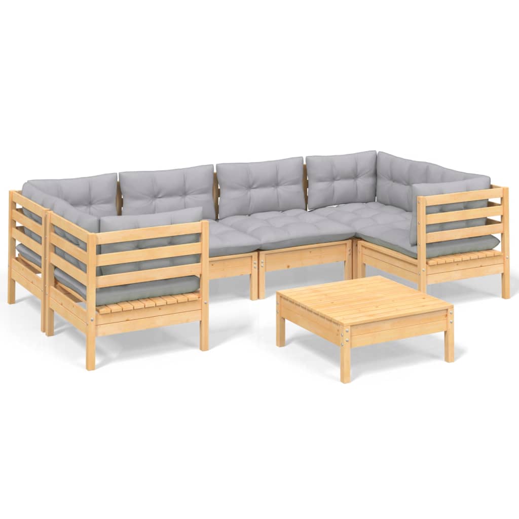 Set Divani da Giardino 7 pz con Cuscini Grigi Massello di Pino
