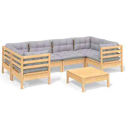 Set Divani da Giardino 7 pz con Cuscini Grigi Massello di Pino