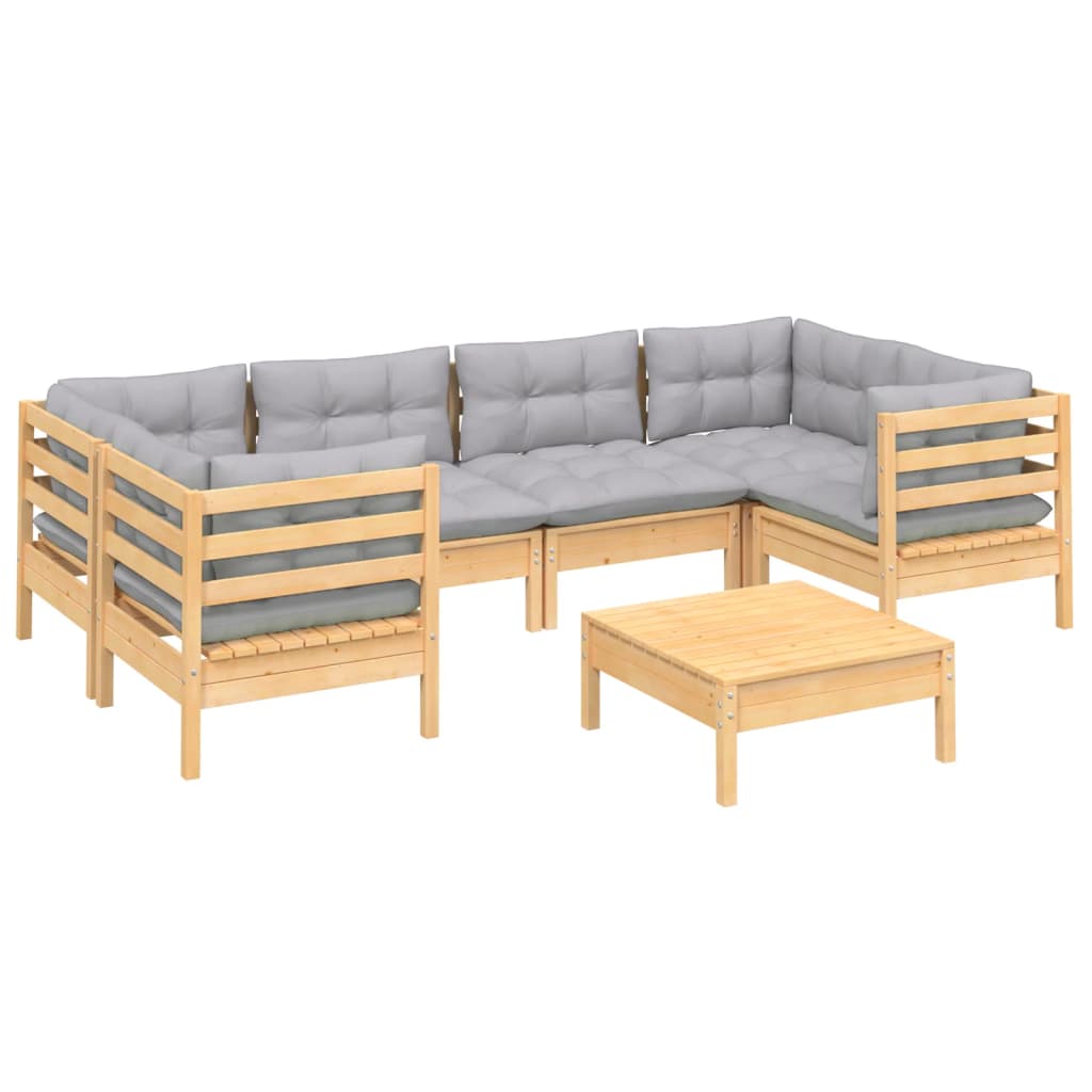Set Divani da Giardino 7 pz con Cuscini Grigi Massello di Pino