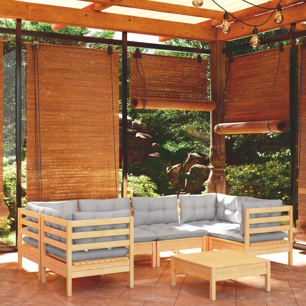 Set Divani da Giardino 7 pz con Cuscini Grigi Massello di Pino