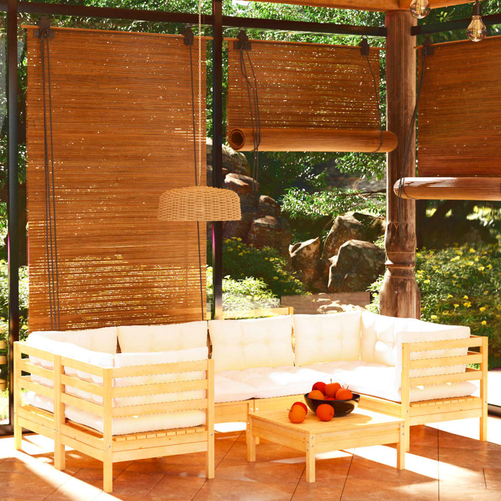Set Divani da Giardino 7 pz con Cuscini Crema Massello di Pino