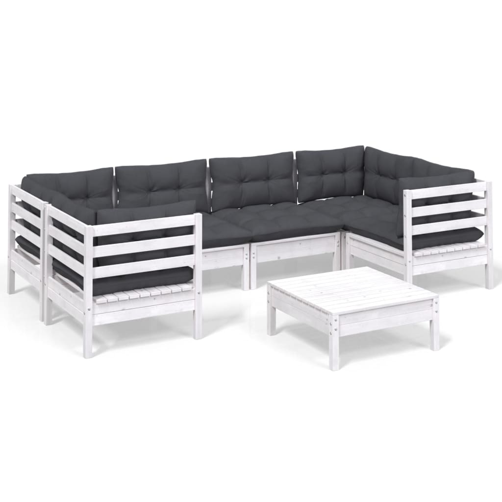 Set Divani da Giardino 7 pz con Cuscini Bianchi Legno di Pino