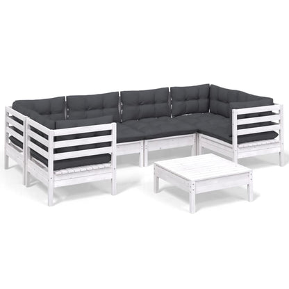 Set Divani da Giardino 7 pz con Cuscini Bianchi Legno di Pino