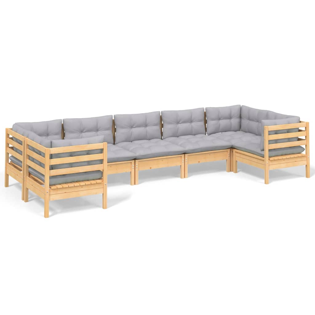 Set Divani da Giardino 7 pz con Cuscini Grigi Massello di Pino