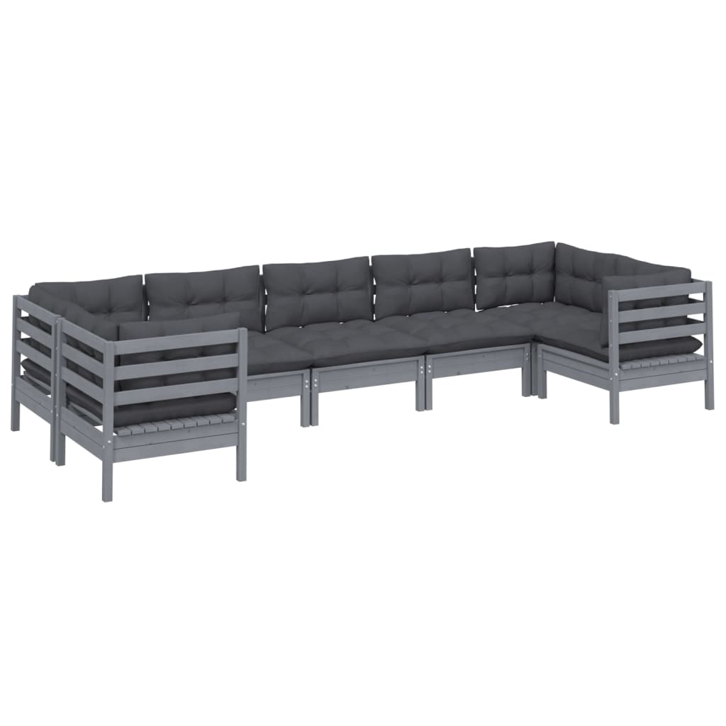 Set Divani da Giardino 7 pz con Cuscini Grigi Massello di Pino