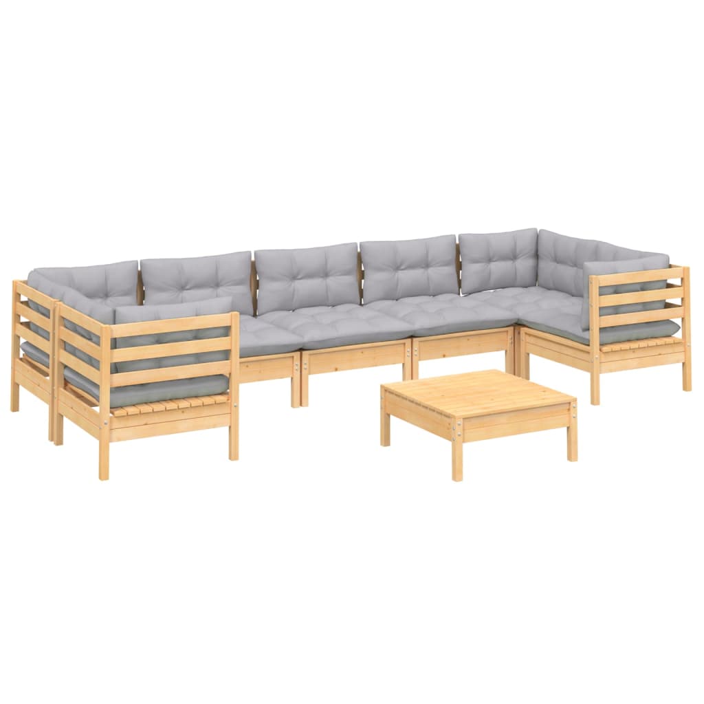 Set Divani da Giardino 8 pz con Cuscini Grigi Massello di Pino