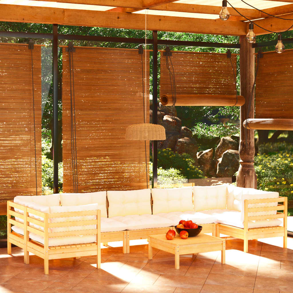 Set Salotto da Giardino 8 pz con Cuscini Crema in Legno di Pino