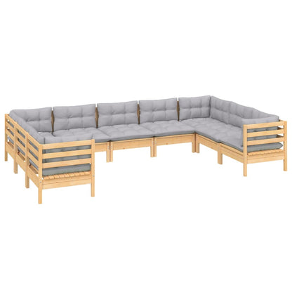 Set Divani da Giardino 9 pz con Cuscini Grigi Massello di Pino