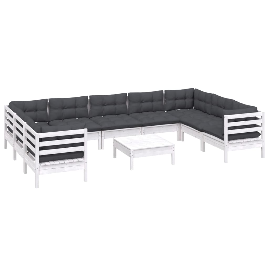 Set Divani da Giardino 10 pz con Cuscini Bianchi Legno di Pino