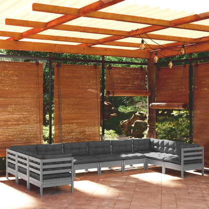Set Divani da Giardino 10 pz con Cuscini Grigi Massello di Pino