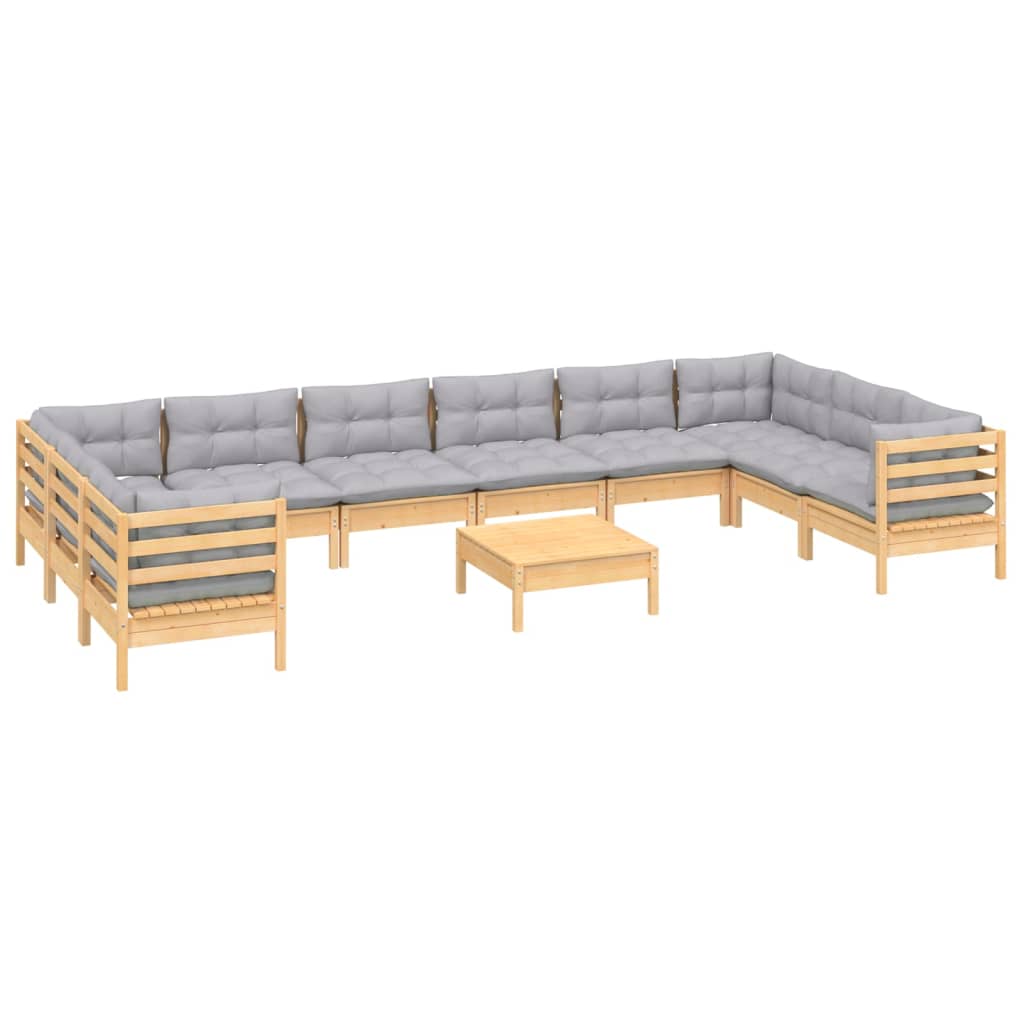 Set Divani da Giardino 11 pz con Cuscini Grigi Massello di Pino