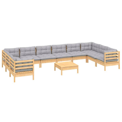 Set Divani da Giardino 11 pz con Cuscini Grigi Massello di Pino