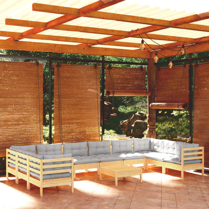 Set Divani da Giardino 11 pz con Cuscini Grigi Massello di Pino