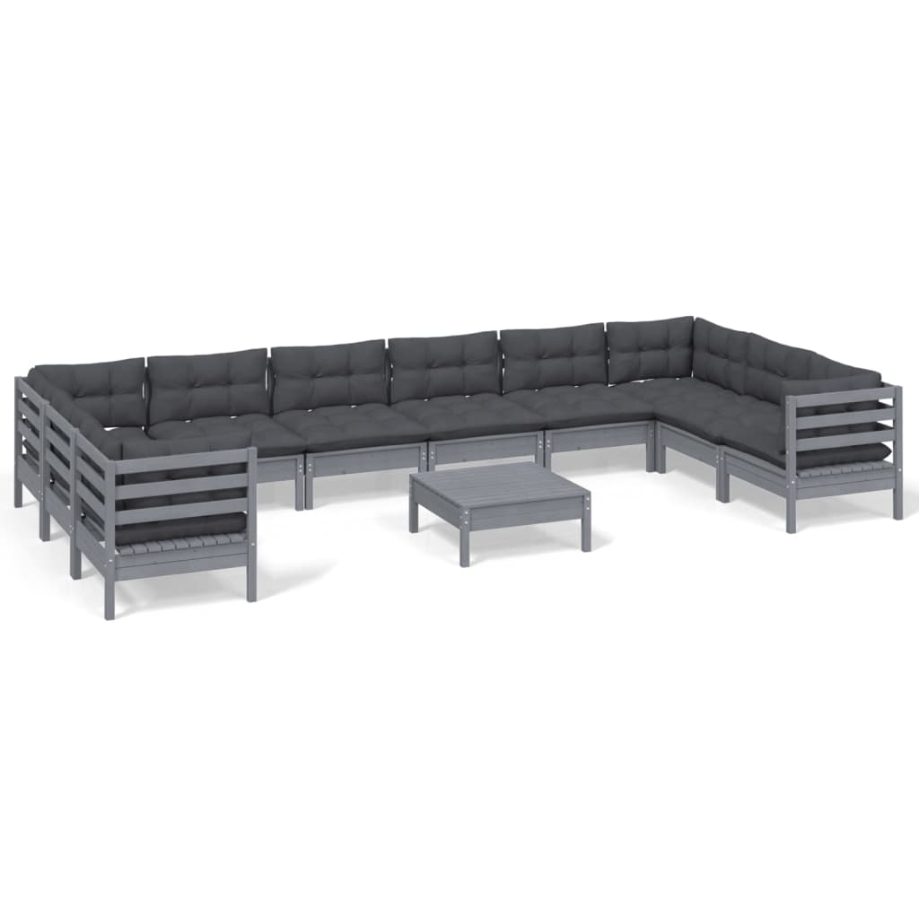 Set Divani da Giardino 11 pz con Cuscini Grigi Massello di Pino