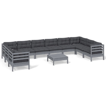 Set Divani da Giardino 11 pz con Cuscini Grigi Massello di Pino