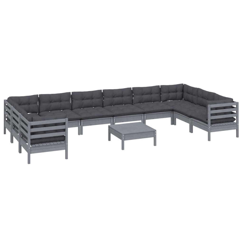 Set Divani da Giardino 11 pz con Cuscini Grigi Massello di Pino