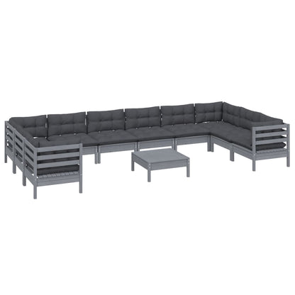 Set Divani da Giardino 11 pz con Cuscini Grigi Massello di Pino