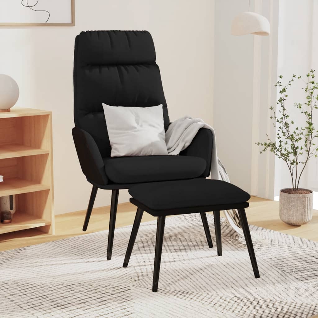 Poltrona Relax con Sgabello Nero in Tessuto e Similpelle