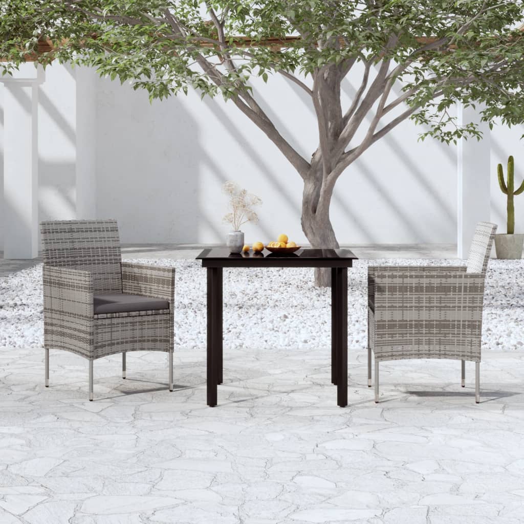 Set da Pranzo da Giardino 3 pz con Cuscini Grigio e Nero
