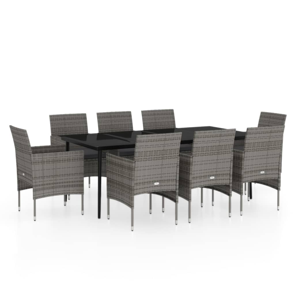 Set da Pranzo per Giardino 9 pz con Cuscini Grigio e Nero