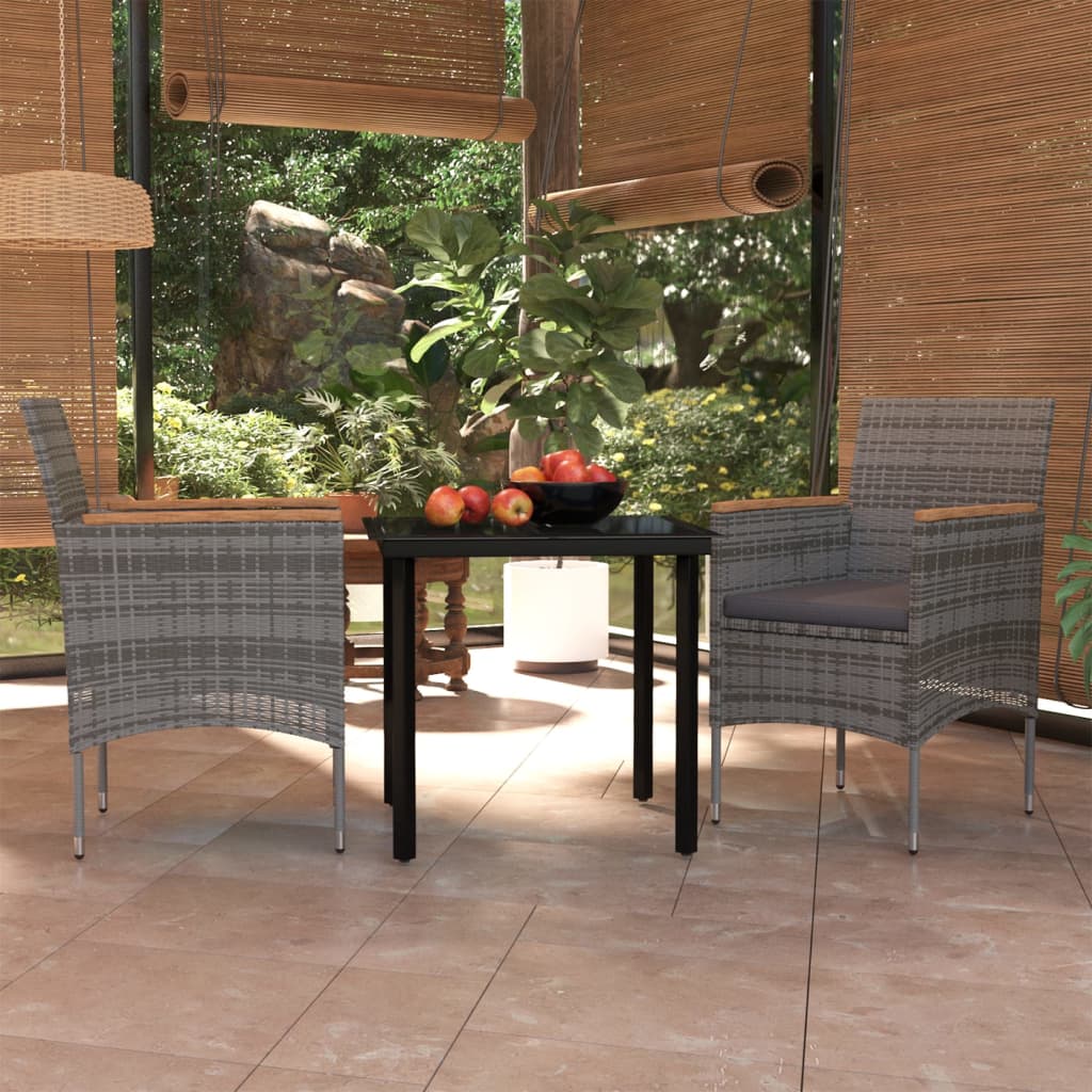 Set da Pranzo da Giardino 3 pz con Cuscini Grigio e Nero