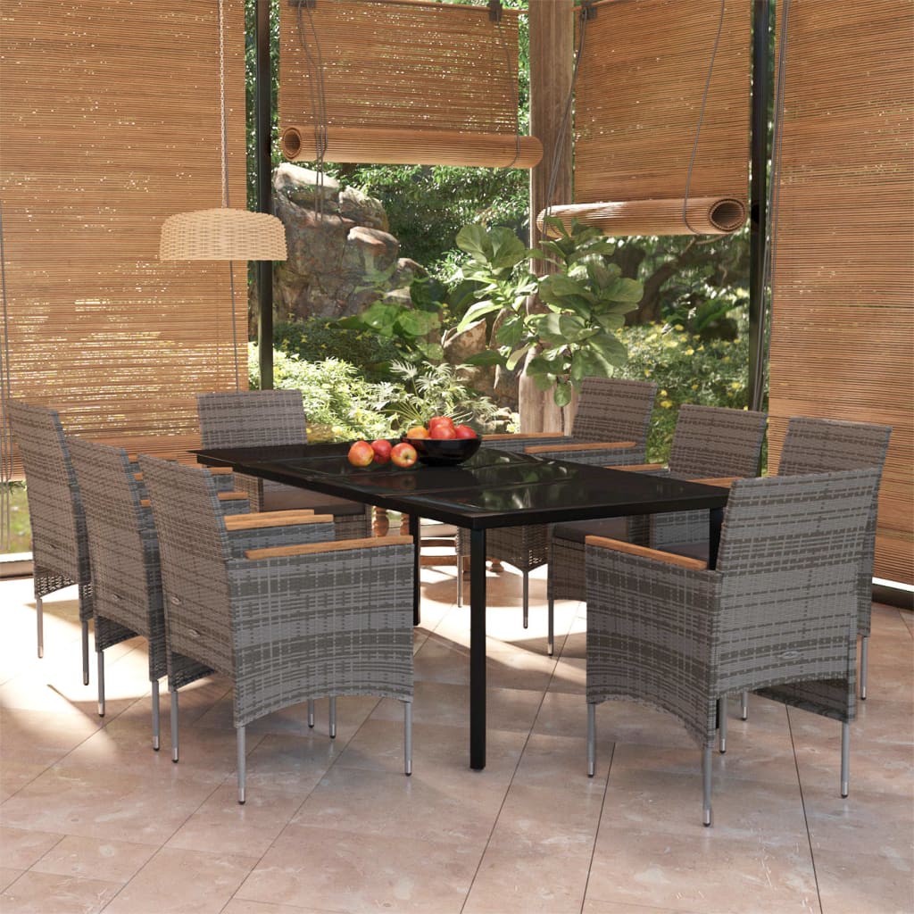 Set da Pranzo da Giardino 9 pz con Cuscini Nero e Grigio
