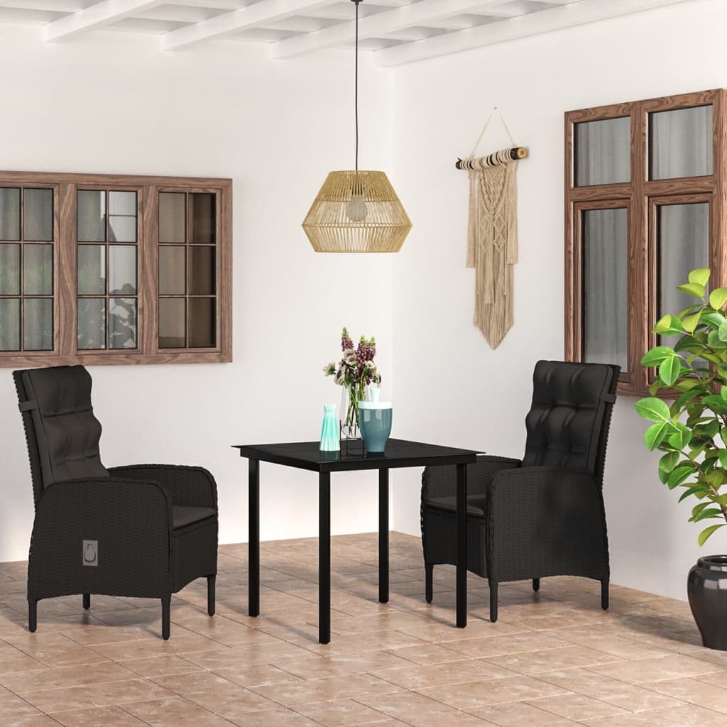 Set da Pranzo da Giardino 3 pz con Cuscini Nero