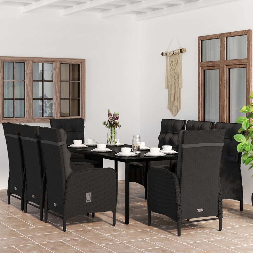 Set da Pranzo da Giardino 9 pz con Cuscini Nero