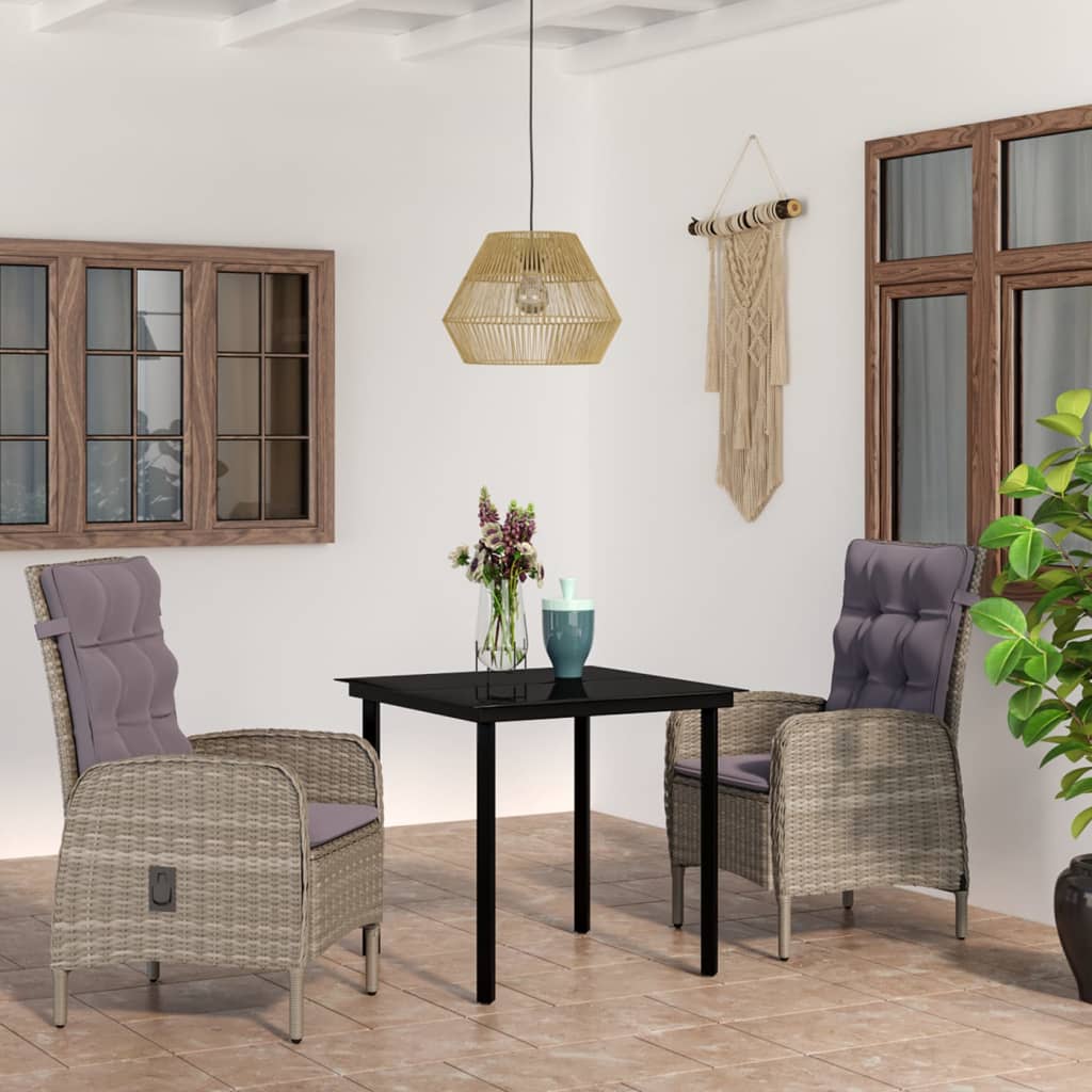 Set da Pranzo da Giardino 3 pz con Cuscini Grigio e Nero