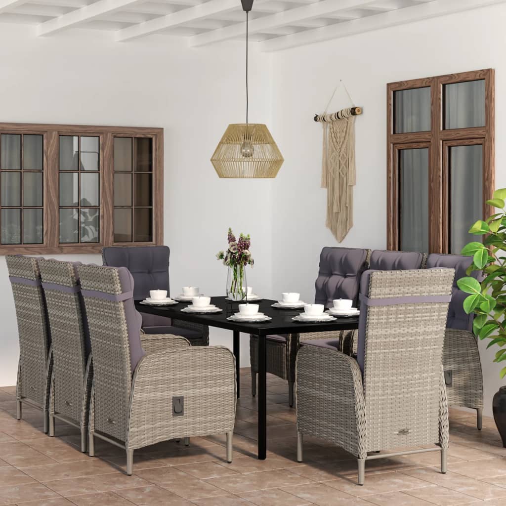 Set da Pranzo da Giardino 9 pz con Cuscini Nero e Grigio