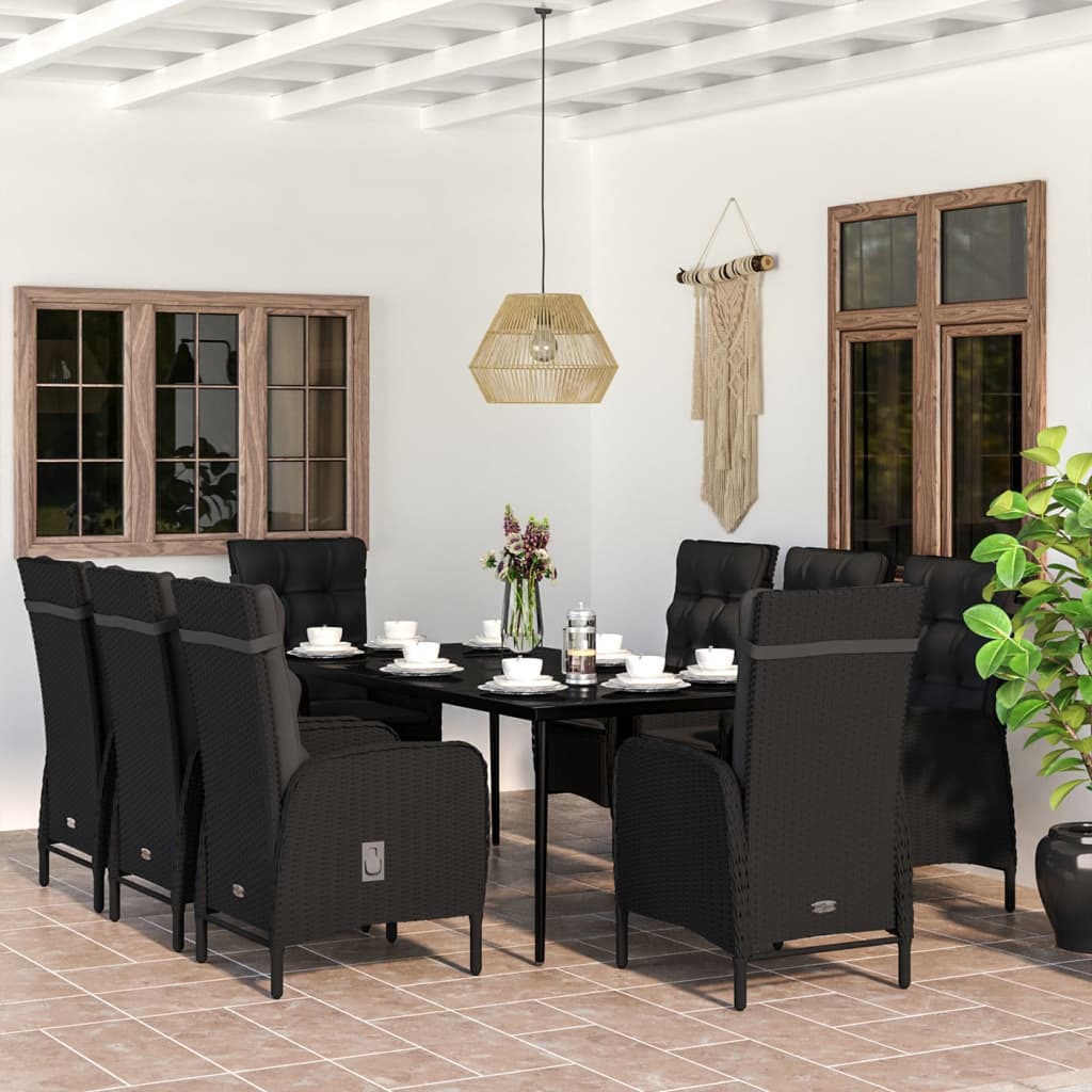 Set da Pranzo da Giardino 9 pz con Cuscini Nero