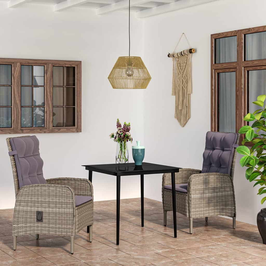 Set da Pranzo da Giardino 3 pz con Cuscini Grigio e Nero
