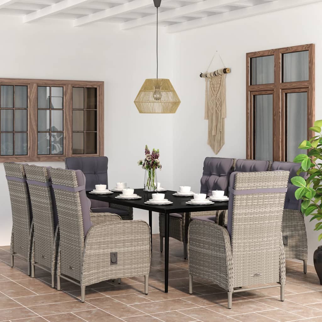 Set da Pranzo da Giardino 9 pz con Cuscini Nero e Grigio