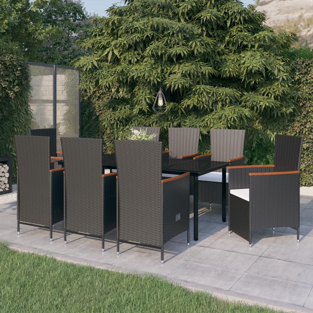 Set da Pranzo da Giardino 9 pz con Cuscini Nero
