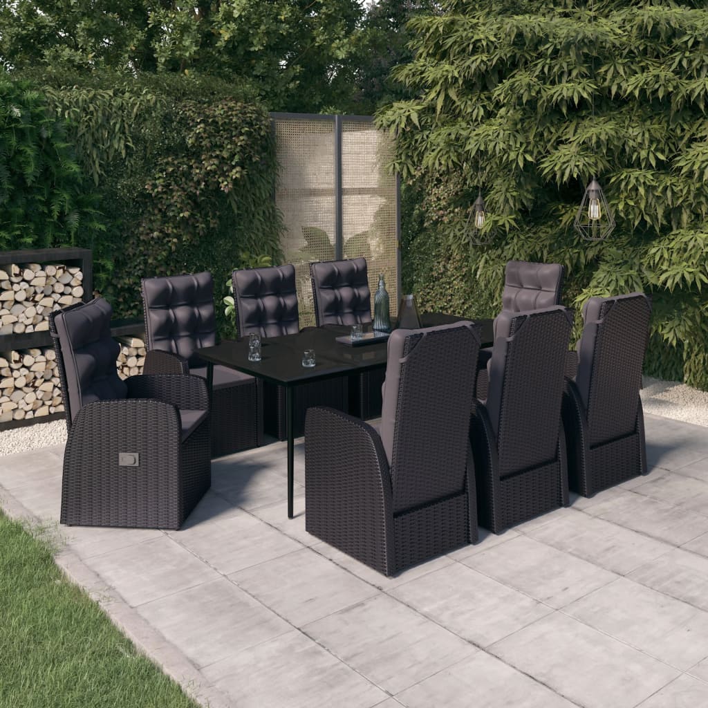 Set da Pranzo da Giardino 9 pz con Cuscini Nero