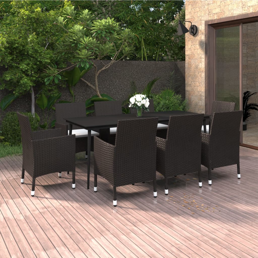 Set da Pranzo per Giardino 9 pz con Cuscini Polyrattan e Vetro
