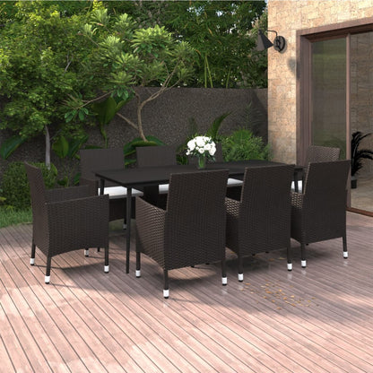 Set da Pranzo per Giardino 9 pz con Cuscini Polyrattan e Vetro