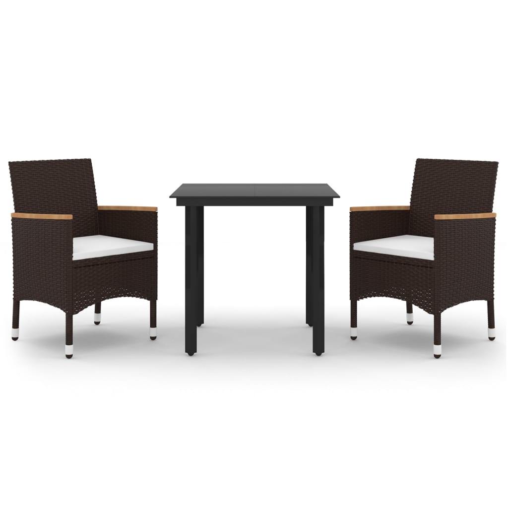 Set da Pranzo per Giardino 3 pz con Cuscini Polyrattan e Vetro