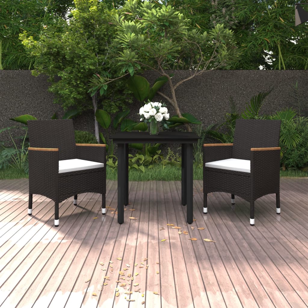 Set da Pranzo per Giardino 3 pz con Cuscini Polyrattan e Vetro