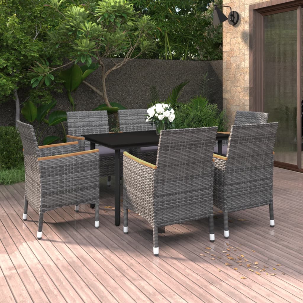 Set da Pranzo per Giardino 7 pz con Cuscini Polyrattan e Vetro