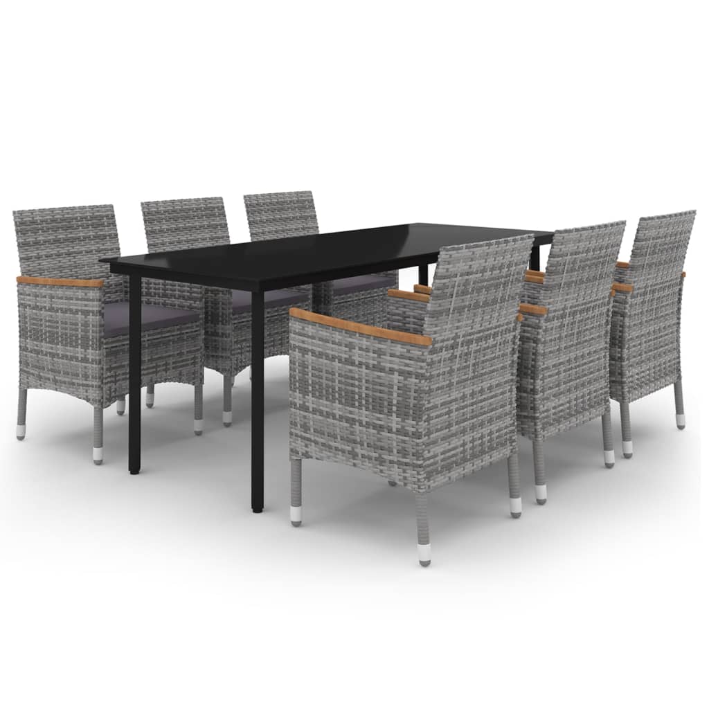 Set da Pranzo da Giardino con Cuscini 7 pz Polyrattan e Vetro