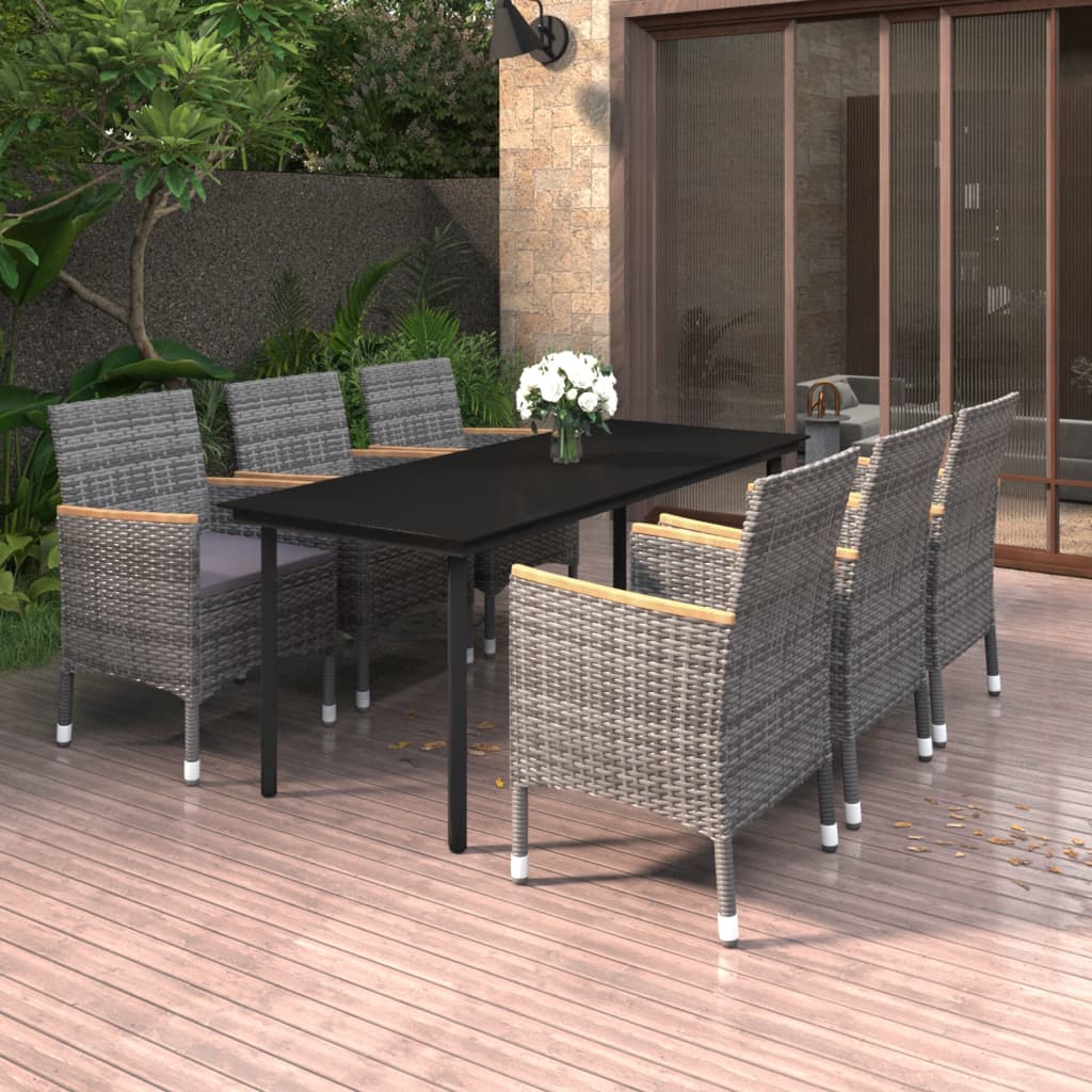 Set da Pranzo da Giardino con Cuscini 7 pz Polyrattan e Vetro