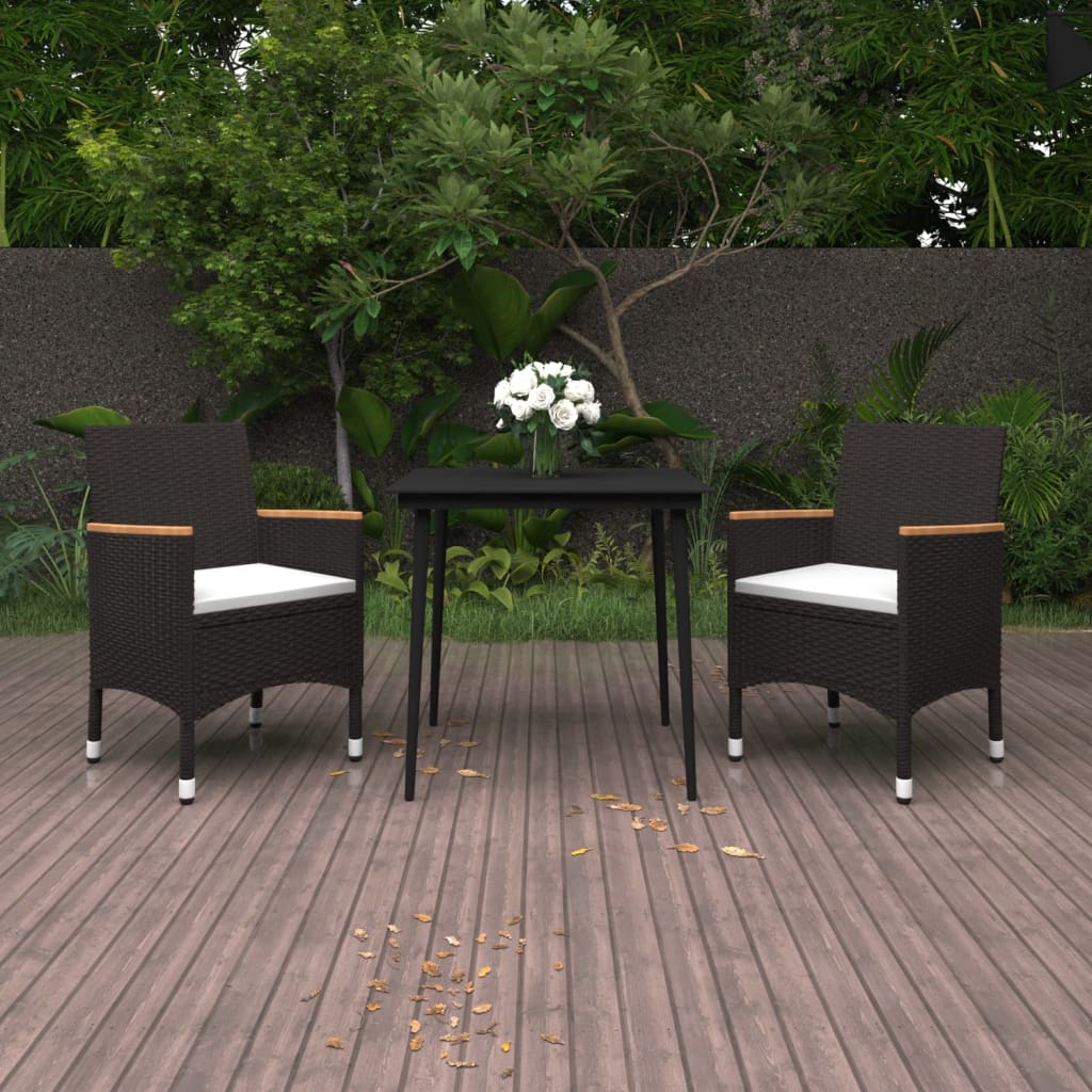 Set da Pranzo per Giardino 3 pz con Cuscini Polyrattan e Vetro