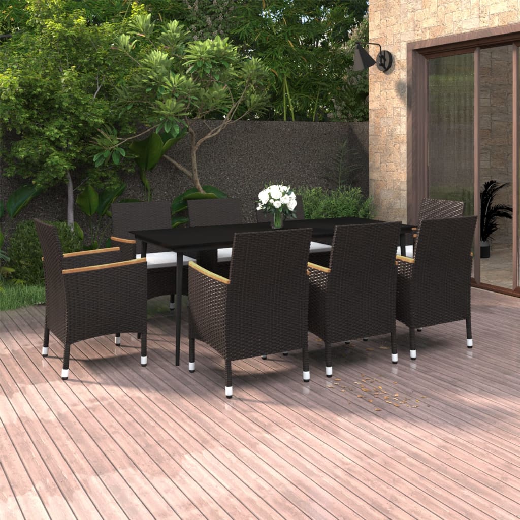 Set da Pranzo per Giardino 9 pz con Cuscini Polyrattan e Vetro