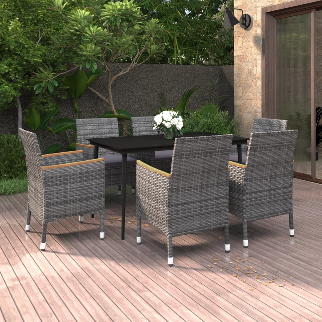 Set da Pranzo per Giardino 7 pz con Cuscini Polyrattan e Vetro