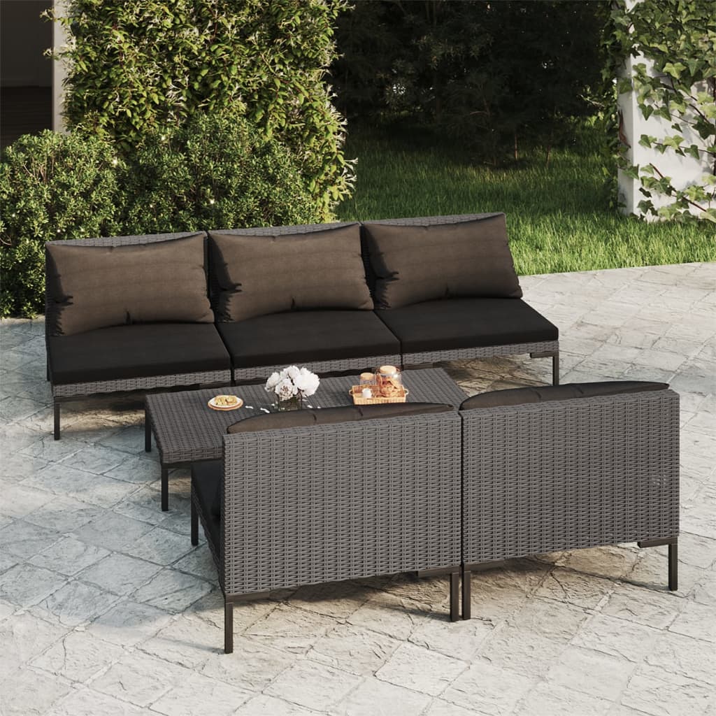 Divani da Giardino 6 pz con Cuscini in Polyrattan Grigio Scuro