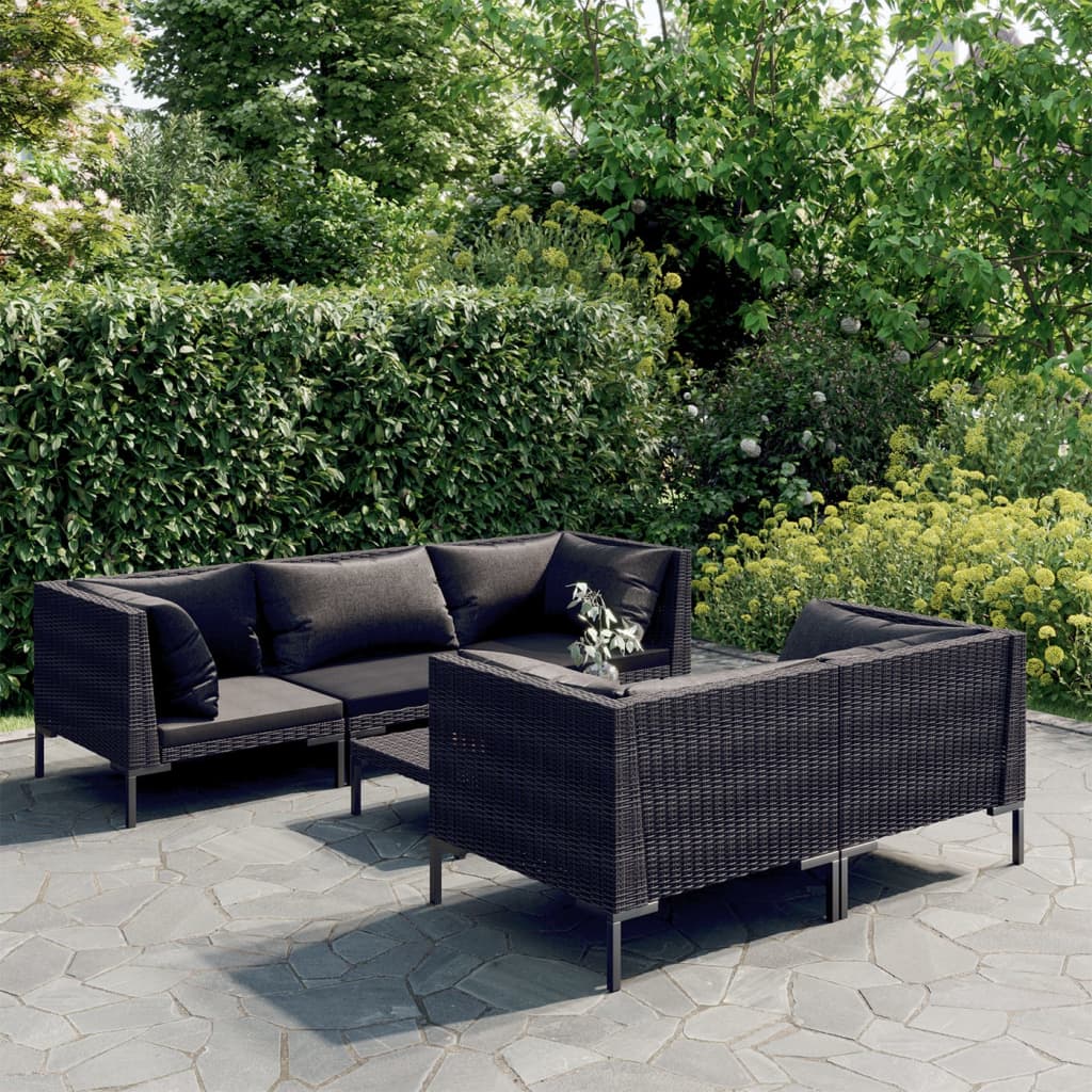 Divani da Giardino 6 pz con Cuscini in Polyrattan Grigio Scuro