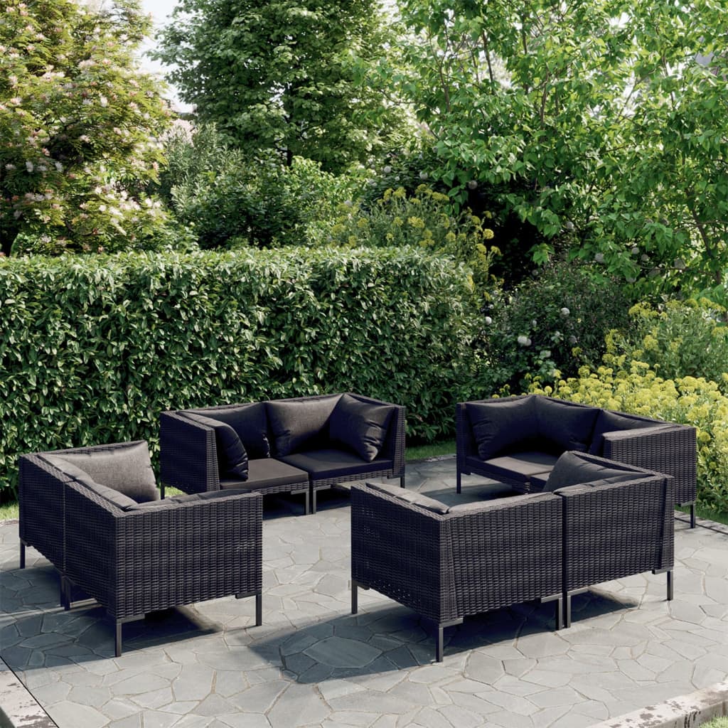 Divani da Giardino 8 pz con Cuscini in Polyrattan Grigio Scuro