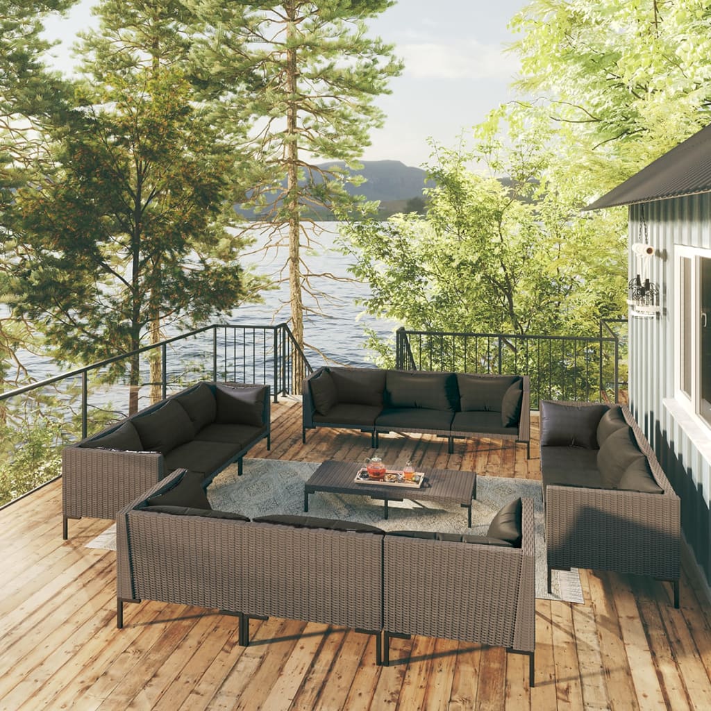 Set Divani da Giardino 13 pz Cuscini in Polyrattan Grigio Scuro