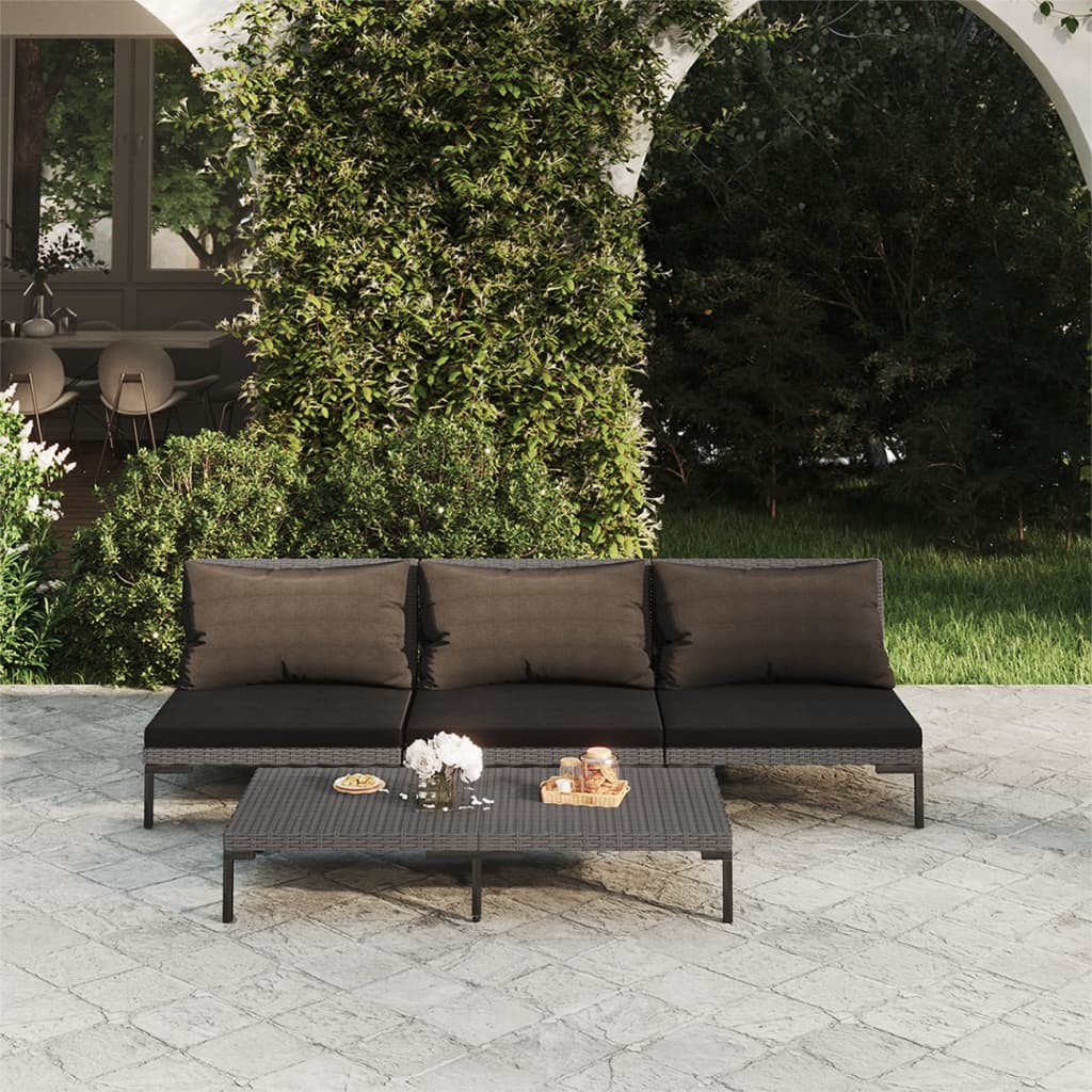 Set Divani da Giardino 4 pz con Cuscini Polyrattan Grigio Scuro